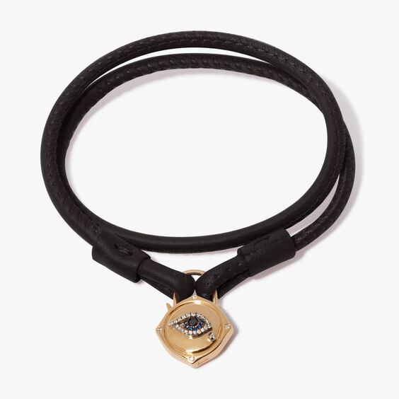 Lovelock 18ct Gold 35cms Black Leather Evil Eye Charm Bracelet